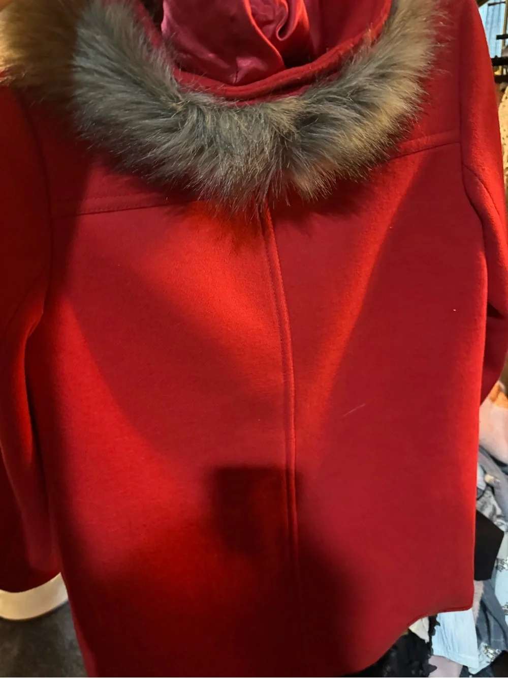 J. Crew Red Wool-Blend Pea Coat with Faux Fur Trim